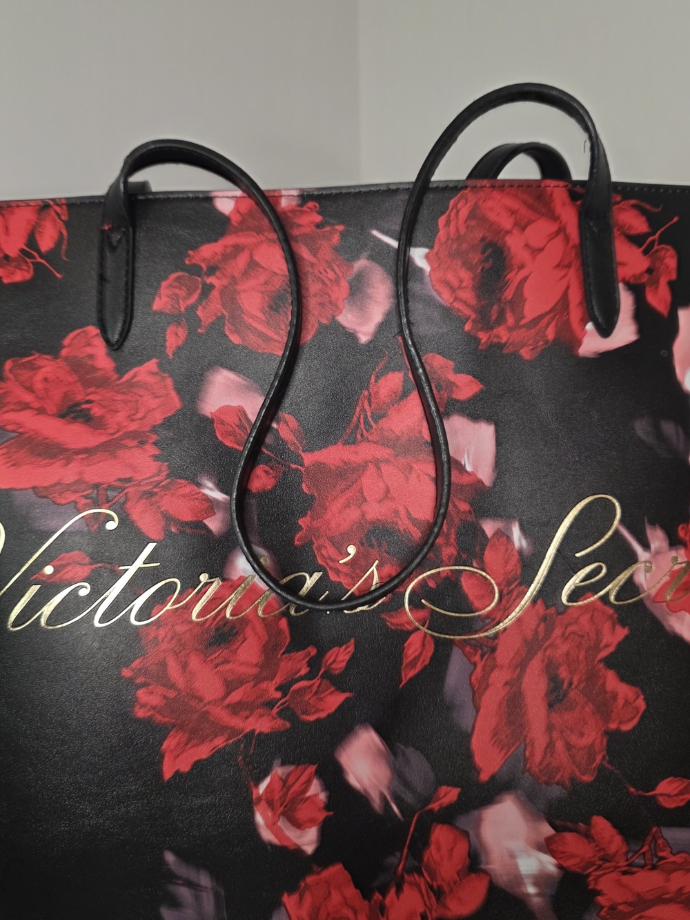 Victoria's Secret Large Tote Bag Black Red Rose Floral Gold Logo Like New - Picture 2 of 8